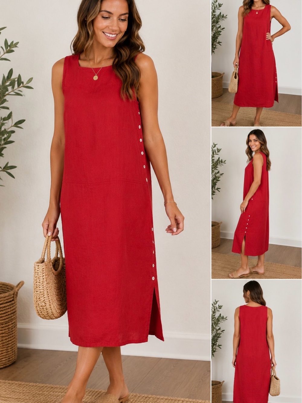 MATCH Red 100% Linen Sleeveless Midi Dress Side Button Size Petite 4 made in USA